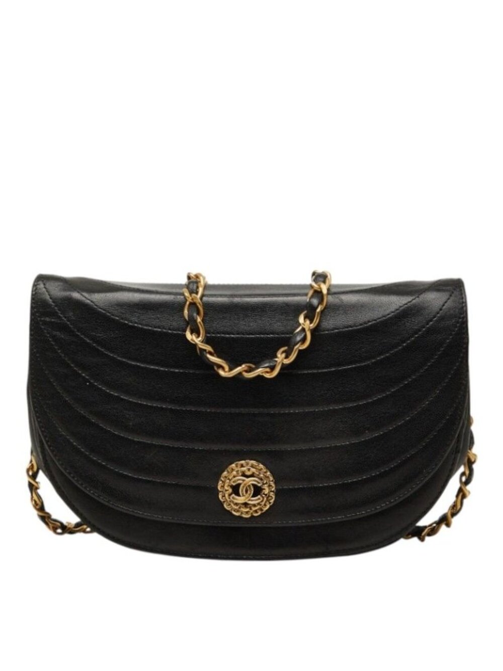 Chanel CC Logo Half Moon Chain Shoulder Bag Black Gold Leather